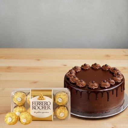 1 kg chcocolate truffle cake with 16 pieces ferrero rocher.