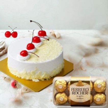 1kg black forest cake with16 pieces of ferrero rocher.