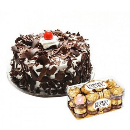 1/2 kg Black forest cake and 16 pcs Ferrero rocher