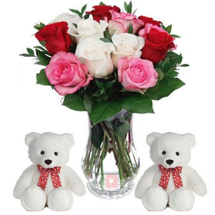 Teddy Bear with Mixed roses in vase