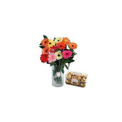 10 mixed Gerbera with Vase and Ferrero Rocher Chocolates