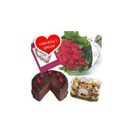 10 Red Roses, 16 pcs Ferrero Rocher and 1/2 Kg Chocolate Cake