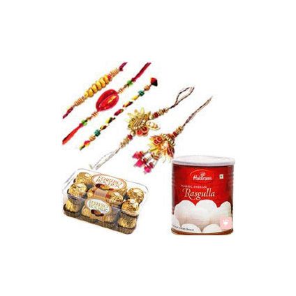 1 Box of Ferrero Rocher Chocolate 16pcs, One box of 1 kg Rasgulla Tin and Five Rakhi