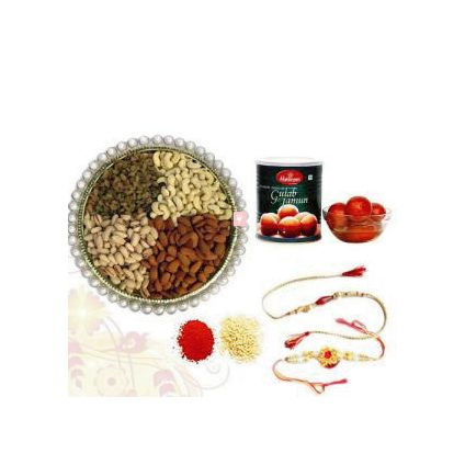 500 Mixed Dry fruits and 1 kg Haldiram Gulab Jamun with 2 Rakhi