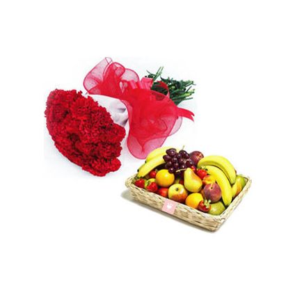 10 Red Carnation and 2 Kg Mixed Fruits with Basket.