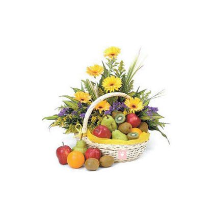 10 Yellow Gerbera and 2 Kg Mixed Fruits with Basket.