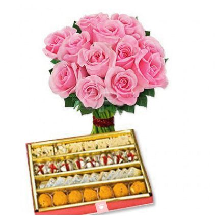 Bunch of 10 Pink Roses with 1/2 Kg Mixed Sweets.