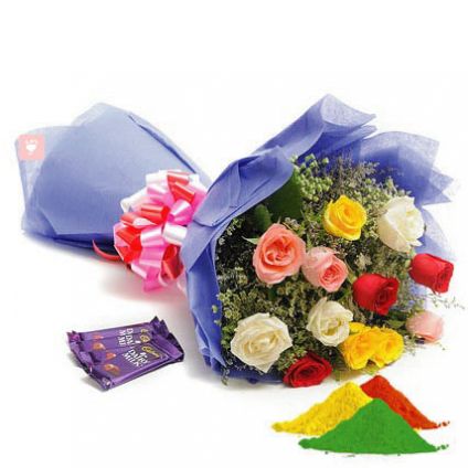 Mixed Colour Roses, Cadbury dairy milk chocolates with Gulal