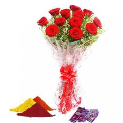 Red roses, Dairy milk chocolates with Gulal