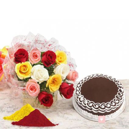 Mixed roses, Chocolate Cake with Gulal