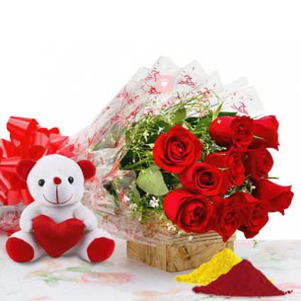 Red Roses, Teddy Bear with Gulal