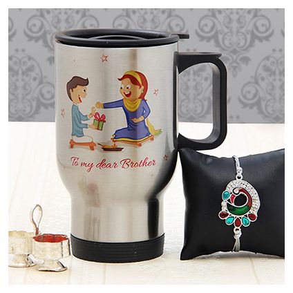 Personalized Steel Car Mug with Peacock Design Rakhi