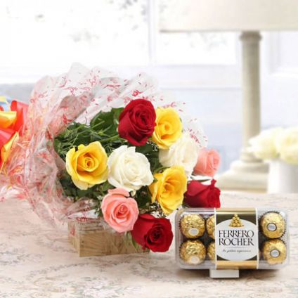 Bunch of 12 mix roses and 16 pcs ferrero rocher