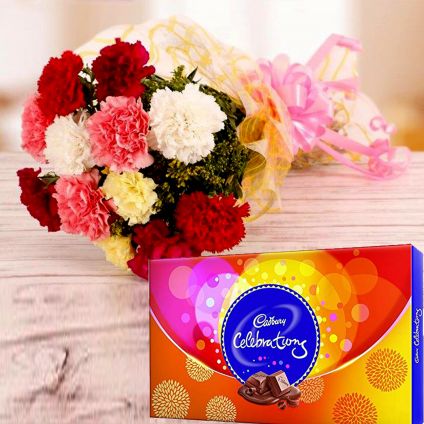 Mixed carnation and cadbury celebration