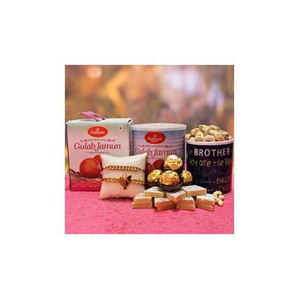 Kaju Katli, Gulab Jamun, Cashews, Ferrero Rocher, printed mug and two beautiful Sandalwood Rakhis