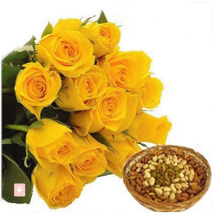 Bunch of 12 yellow roses and 1kg dry fruits with basket