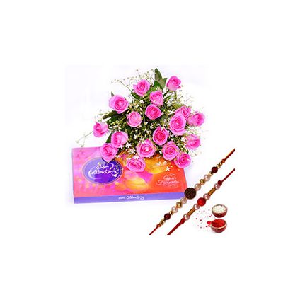 Bunch of 15 Pink Roses,Chocolates ,Rakhi