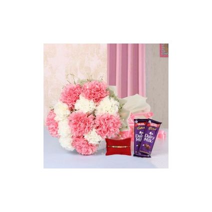 Pink and White Carnation with Rakhi