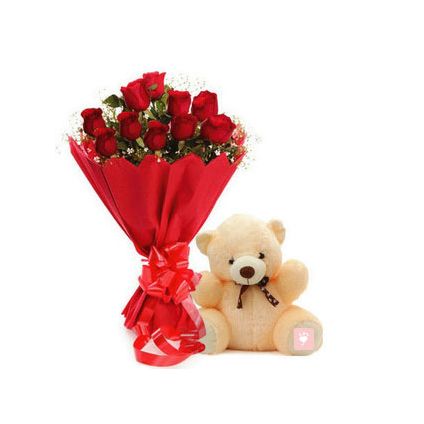 10 red roses and (6 inch) cream teddy bear