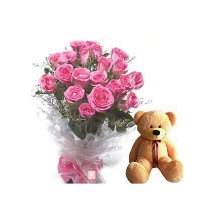 A bunch of 25 pink roses and (6 inch) brown teddy bear.