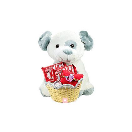 teddy bear, kit kat chocolates and designer rakhi