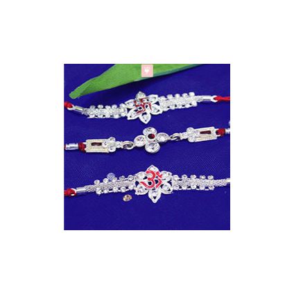 Set of 3 Intricate Stone Studded Silver Rakhis