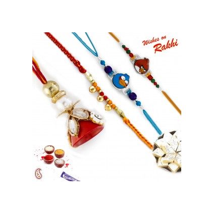 Set of 4 Rakhi including Angry Bird Kids Rakhi