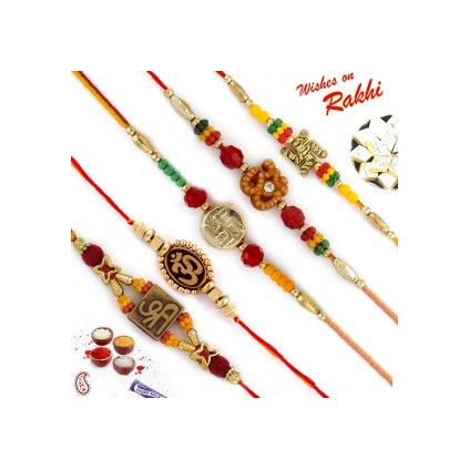 Set of 5 Elegant & Sober OM, Swastik & Shree Rakhi