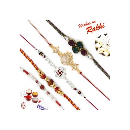 Set of 5 Kundan Studded Religious OM, Swastik & Rudraksh Rakhi