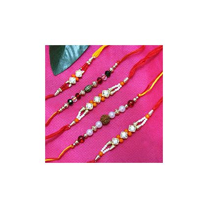 Set of 5 Rakhis,1 Pearl Rakhi, 1 colorfully Rakhi and 3 Stone