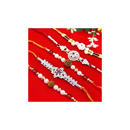 Set of 5 Rakhis, 2 Rudraksha Pearl Rakhis, 1 Designer Black Beaded Rakhi alongside with 2 Silver Sto