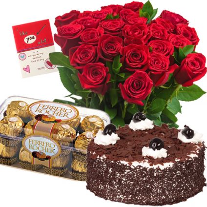 Red roses, black forest cake and ferrero rocher