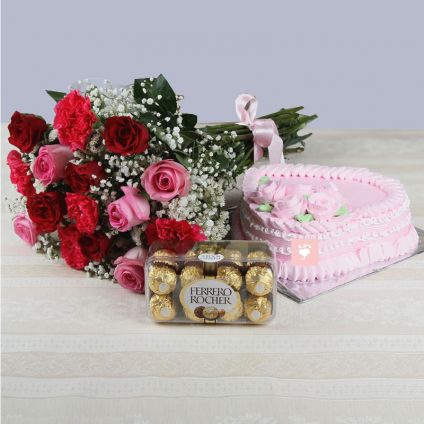 Bunch of 15 Roses and carnation, heart shaped strawberry cake with Ferrero Rocher