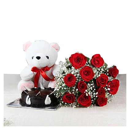 A Bunch of 12 Red Roses with Half Kg Chocolate Cake and Teddy Bear