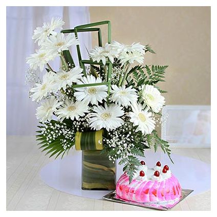 Strawberry Cake with White Gerberas