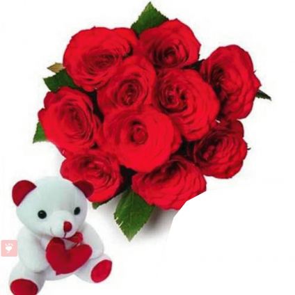 12 red roses and 6'' teddy