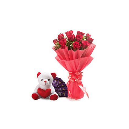 20 Red Roses, 6 inch Teddy Bear and 16 pcs Dairy M...