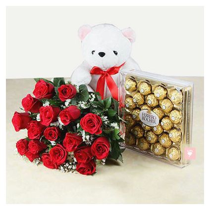 18 Red Roses with 24 Pcs Ferrero Rocher & Teddy