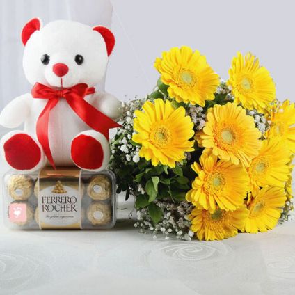 10 Yellow Gerberas with Ferrero Rocher & Teddy