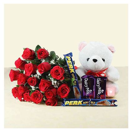 18 Red Roses with 4 Chocolate Bars & Teddy Bear