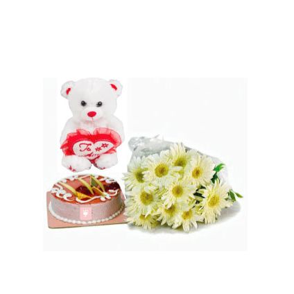 12 White Gerberas with Teddy & Half Kg Vanilla Cake