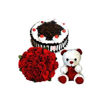 A Bunch of 100 Red Roses with Half Kg Chocolate Cake and Teddy Bear