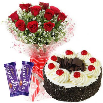 A bunch of 15 red roses, black forest cake and 2 dairy milk chocolate