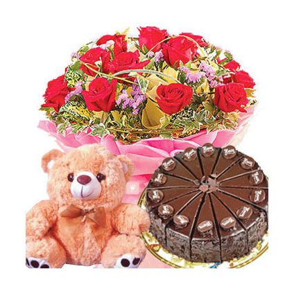 A bunch of 20 mixed carnationn 1/2 kg chocolate cake and 6 inch teddy bear