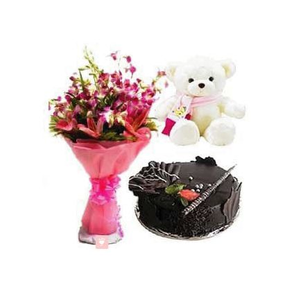 A vase of 10 purple orchids 1 kg chocolate cake and (12-inch-Teddy bear)