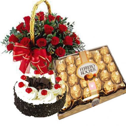 Basket of 20 Red Roses, 1 Kg Black forest cake and 24 Pcs ferrero Rocher