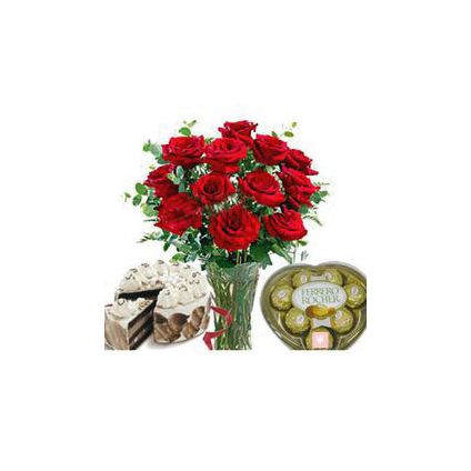 10 Red roses in Vase, 1/2 kg Buttur sotch cake and 16 pc ferrero Rocher