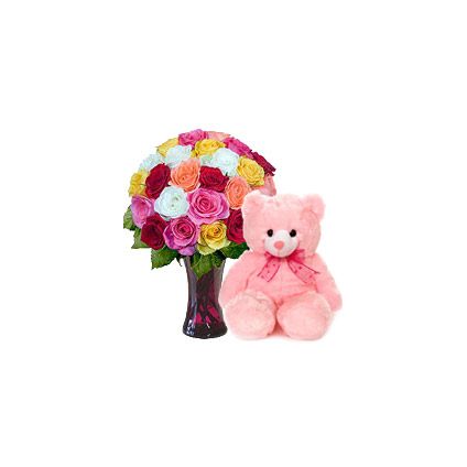 A vase of 30 mixed roses, and pink 12-inch- teddy