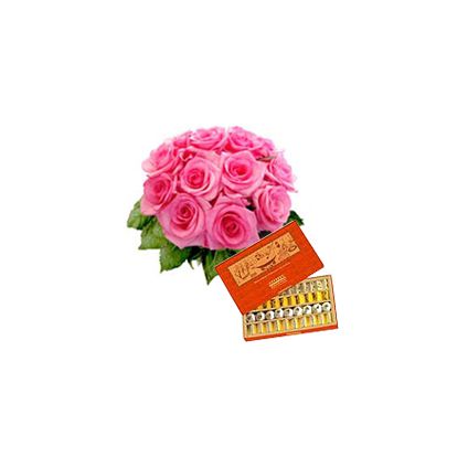 Pink Roses Bouquet and Assorted Sweets Box consisting of Burfis, Pedas, Soan Papri, Laddoos