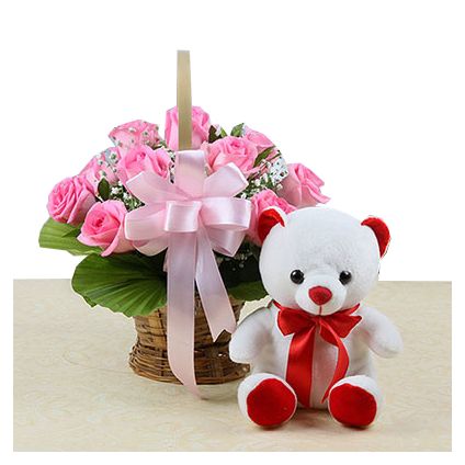 10 Pink Roses with White Teddy Bear